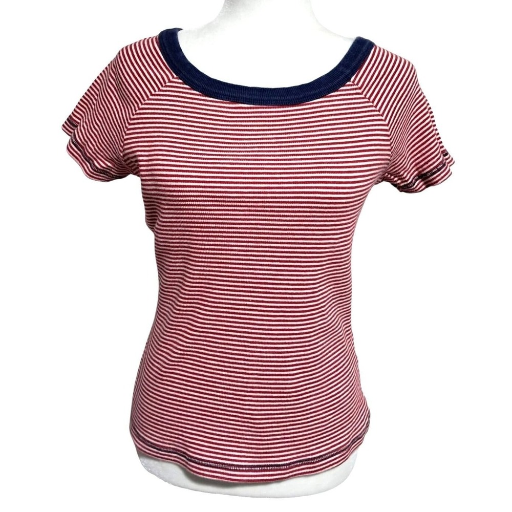 Faded Glory Striped T-Shirt Women Large Red White Navy Raglan Ribbed Scoop Neck